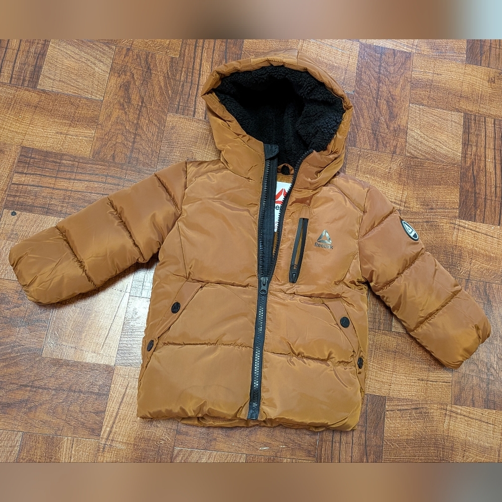 Reebok 2T Brown Puffer Jacket Boys Toddler Sherpa Fur Hood Full Zip